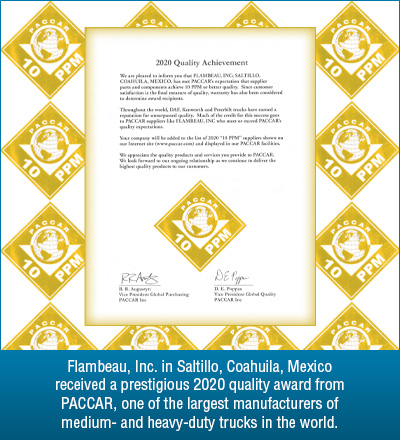 Flambeau, Inc. in Saltillo, Coahuila, Mexico received 2020 Quality Award from PACCAR